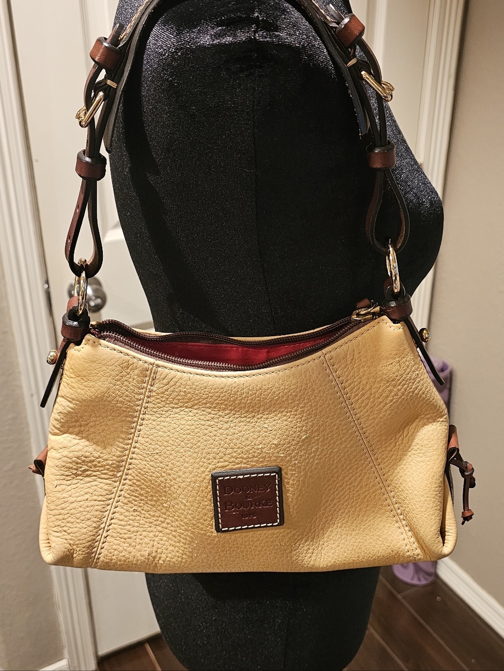 Dooney & Bourke Yellow Pebble Leather Shoulder Bag with Brown Trim